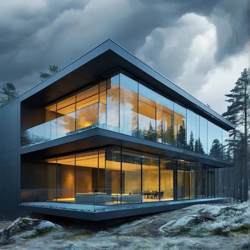 Contemporary two-story home features glowing glass walls surrounded by snow dusted pines beneath a dark cloudy sky.