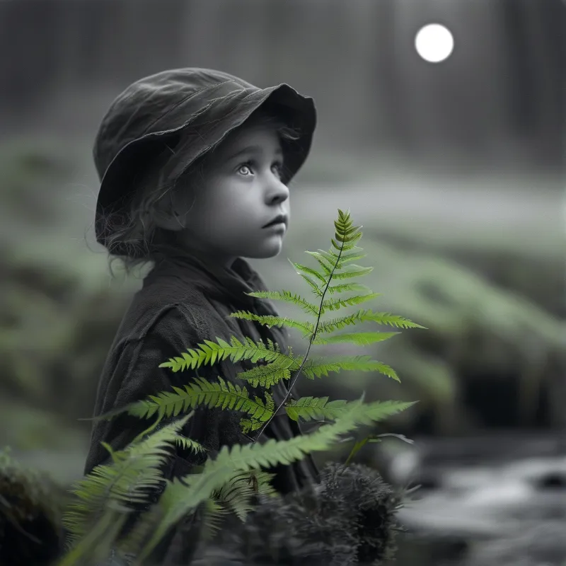 A young child in a hat looks upward while standing near vibrant green ferns in a misty forest with a bright light source.