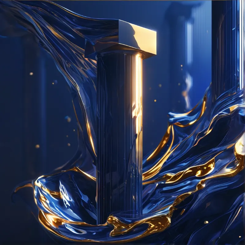 A vertical dark column stands amidst swirling waves of blue and gold liquid metal with sharp reflections.