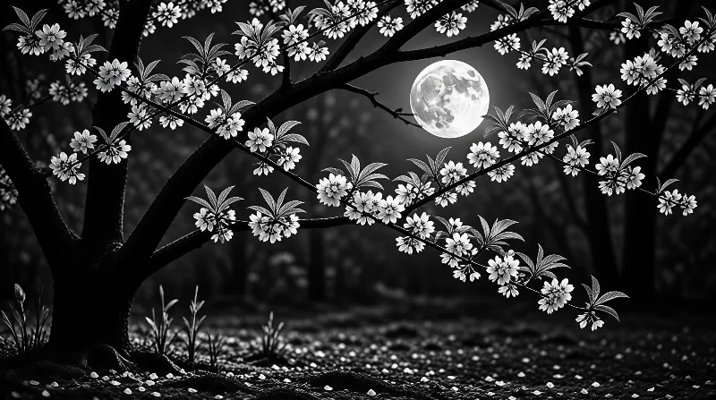 White blossoms on a dark branch stretch across the foreground with a luminous full moon visible in the night sky.