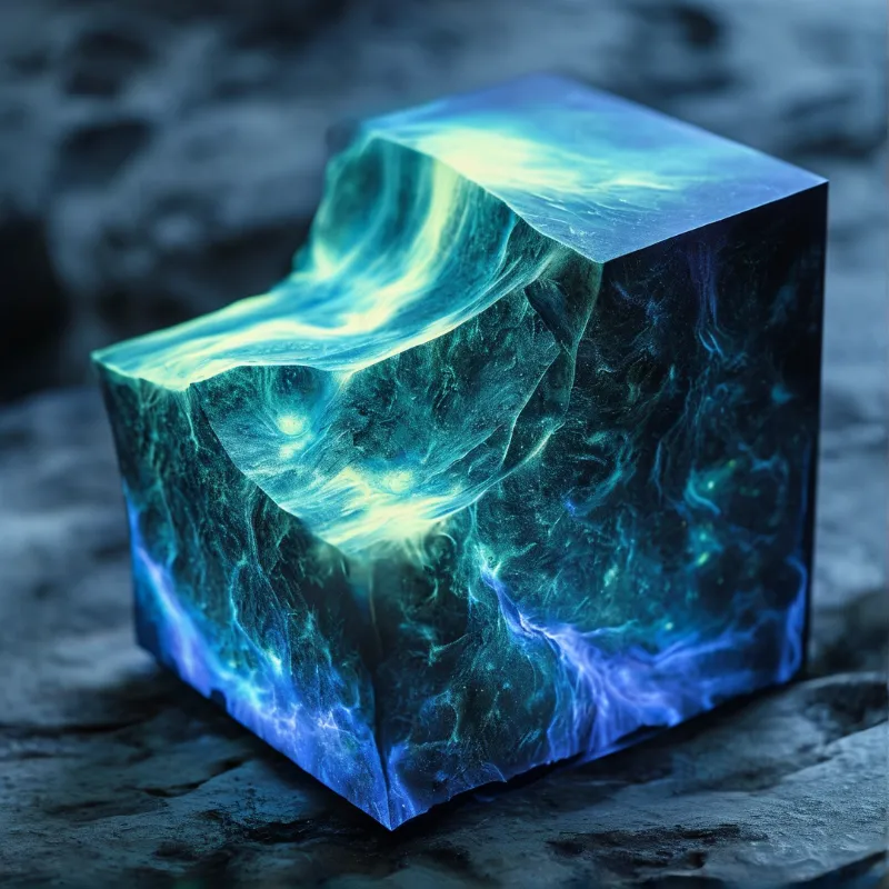 A translucent block with a carved wave across its top holds swirling blue and aqua light along its inner faces.