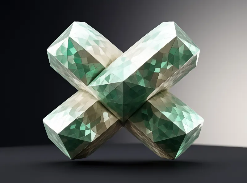 A glossy low-poly render shows a faceted jade-green cross sculpture resting on a dark reflective surface