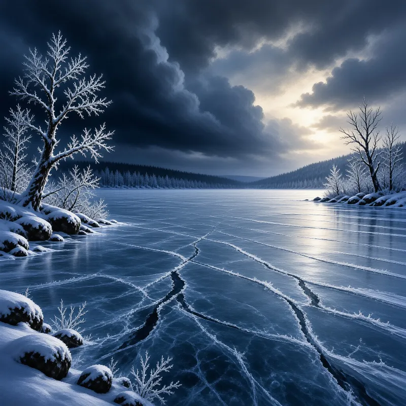 A cracked sheet of blue winter ice spreads toward snow-dusted trees beneath a heavy storm sky.