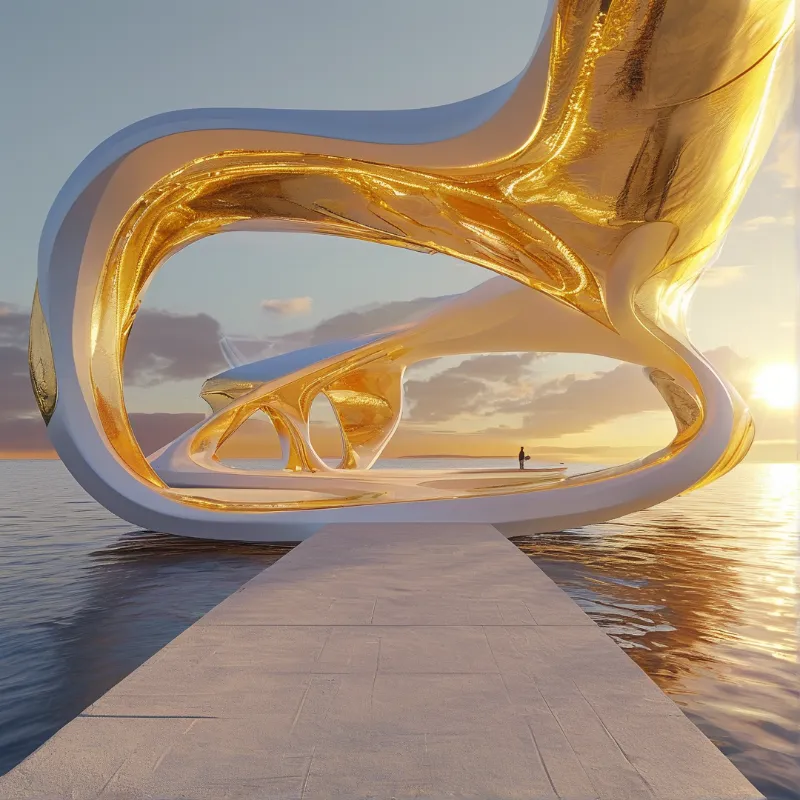 A futuristic white and gold architectural sculpture sits in the ocean with a stone path leading towards it at sunset.
