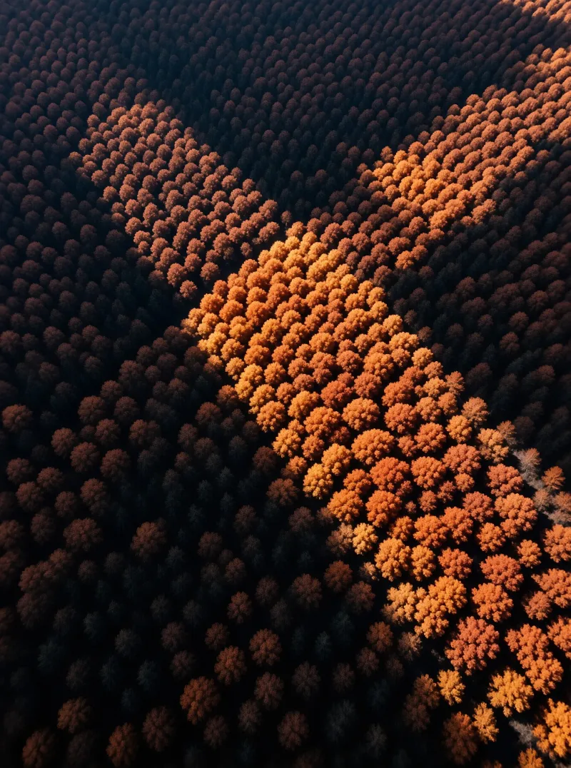 Diagonal stripe of bright orange trees stands out against dark forest canopy bathed in directional sunlight.