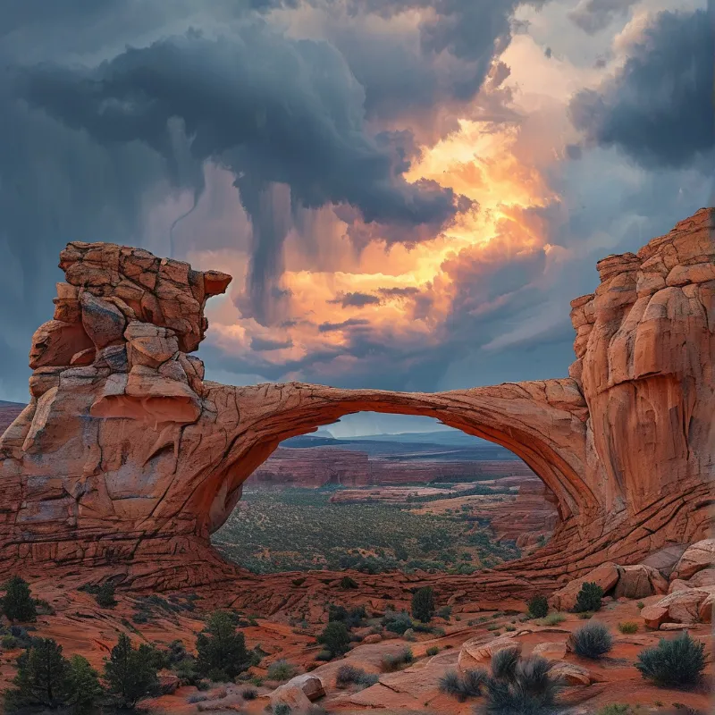 Red sandstone arch spans a desert canyon, framing a green valley beneath storm clouds with golden light breaking through.