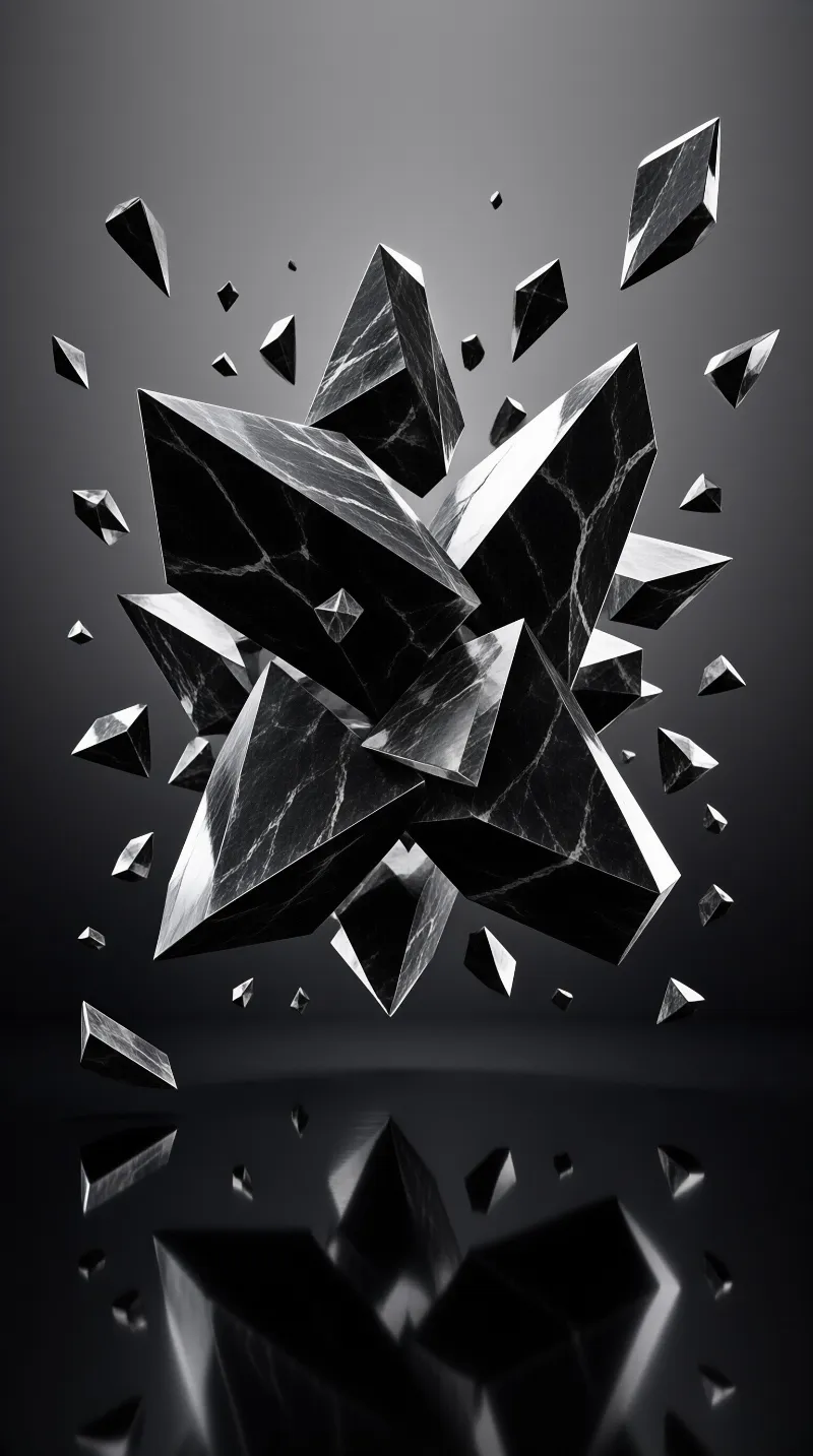 Sharp black geometric fragments resembling shattered stone float above a dark reflective surface with subtle mirroring below.