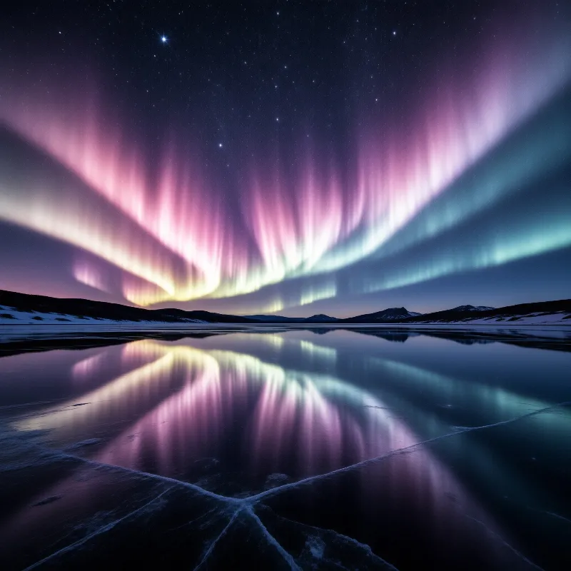Ribbons of pink and green aurora sweep across a starry night sky and mirror in the cracked ice of a calm mountain lake.