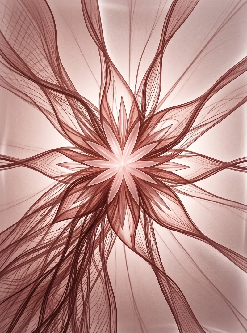 Pale pink petals radiate from a luminous center while wispy curved lines flow outward across a soft beige field.
