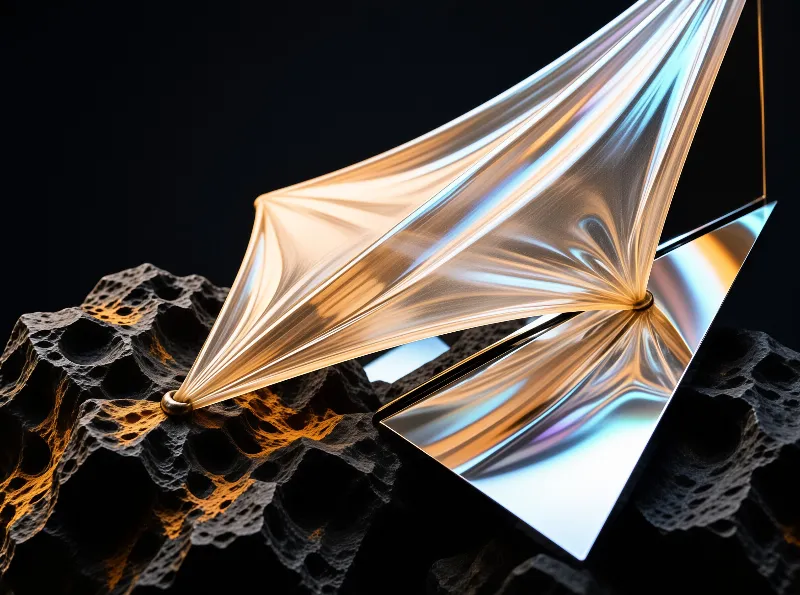A reflective metallic sculpture rests on porous volcanic rock, illuminated by warm golden and cool blue light against a black background.