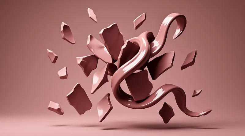 A glossy twisting ribbon interlaces with broken geometric shards against a monochromatic mauve background.