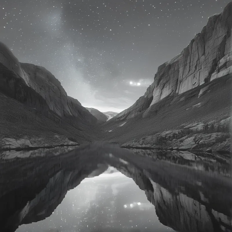 A monochrome photograph showing a still lake reflecting a starry sky and steep rocky canyon walls.