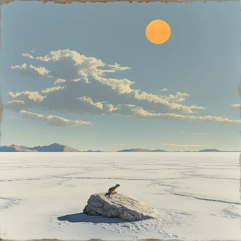 A small lizard rests on a rock in an expansive salt flat under a bright orange sun.