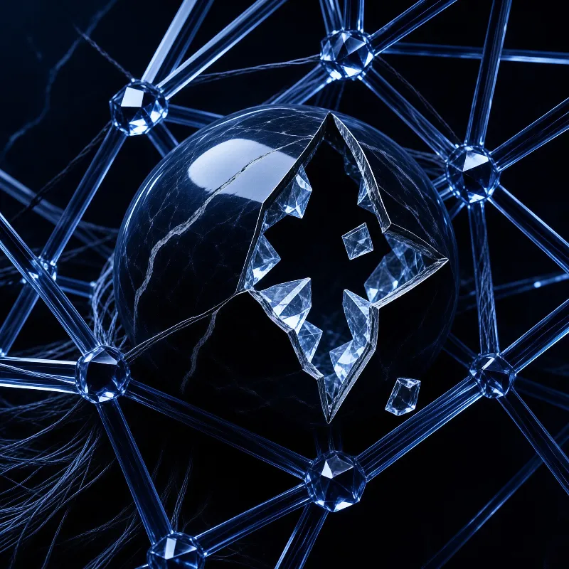 A dark glass orb splits open to reveal glowing crystal shards held within a web of blue rods