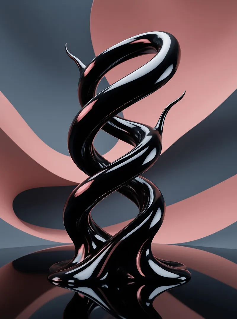 A glossy black twisted sculpture stands against a pink and dark grey geometric patterned backdrop.