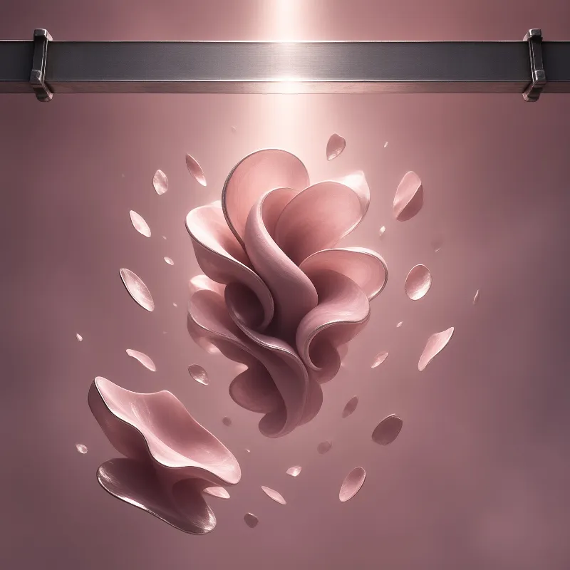 A surreal rose gold flower shape explodes with petal fragments while suspended below a dark metal bar in soft light.
