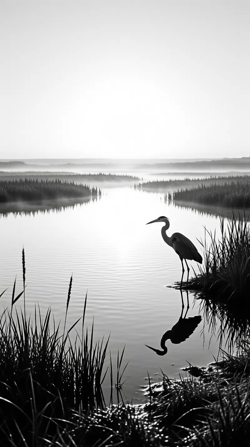 A wading bird stands in shallow water surrounded by reeds and fog with its dark reflection visible on the surface below