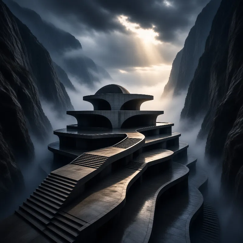Stone Temple Tower In Misty Valley Sunbeam