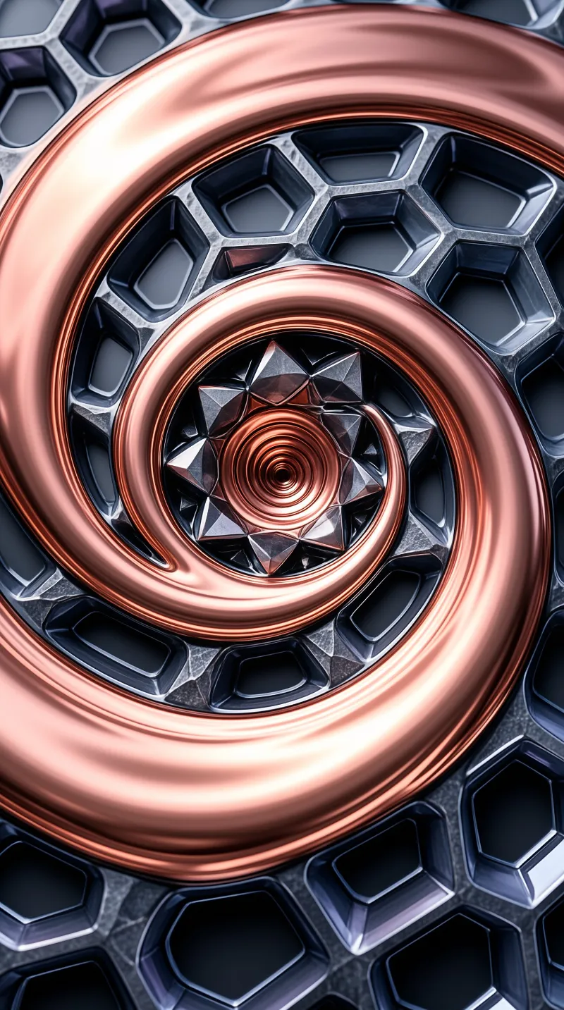 Polished copper rings surround a dark star shape inside a hexagonal metal grid.