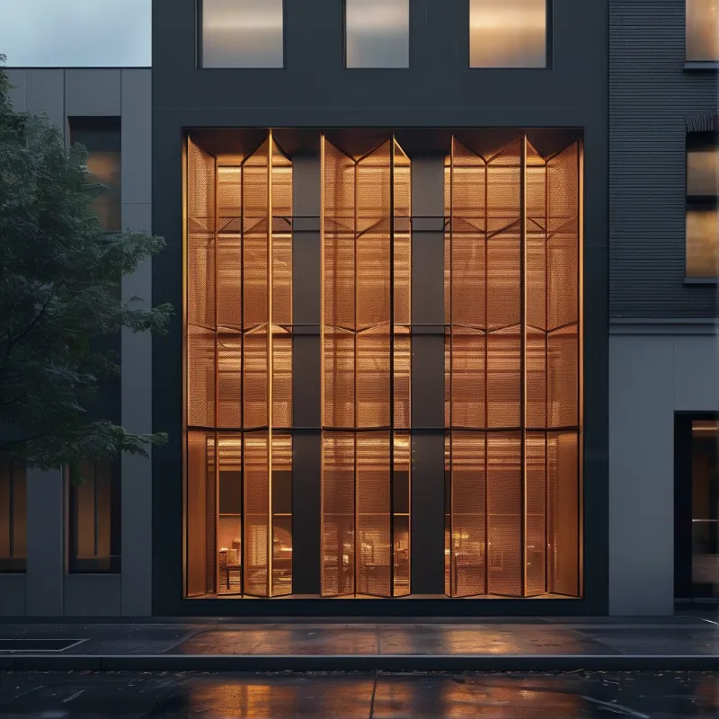 A warm amber glow shines through a geometric metal screen covering a large window on a dark building exterior at dusk.
