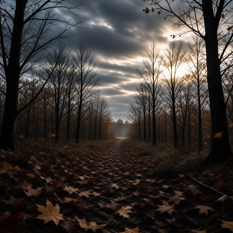 A dirt road covered in brown leaves winds through a bare autumn forest as sunlight shines through dark clouds in the sky.