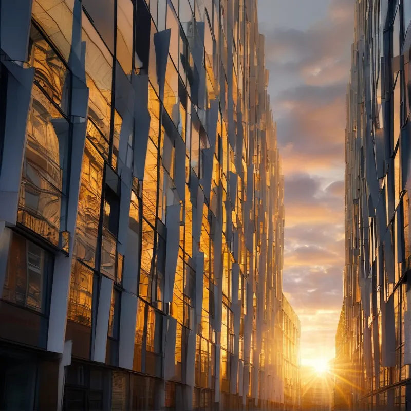 Tall glass skyscrapers line a narrow street leading to a bright golden sun under warm orange and grey sky.