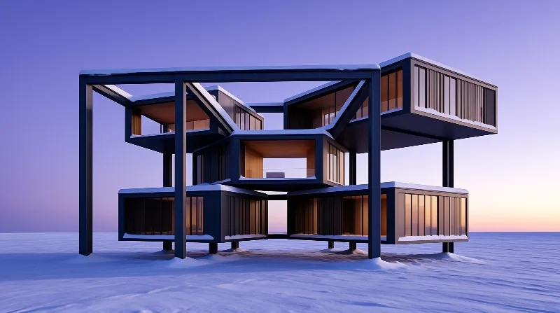 A modern dark geometric building with glowing windows stands alone on a flat snowfield under a purple twilight sky.