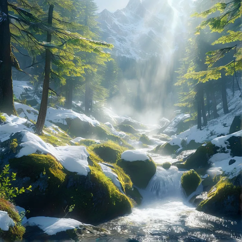 A clear creek runs over mossy rocks covered in snow while sunlight beams through the surrounding pine trees.
