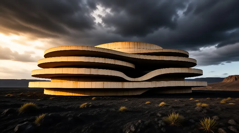 Stacked wave-like floors of a pale concrete building glow in low sun above black lava fields.