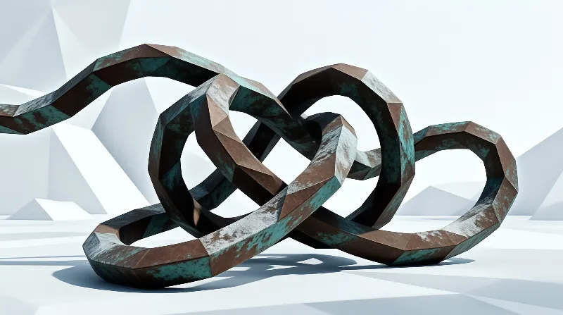 A faceted rusted chain loops across a white low poly terrain with crystalline background shapes.