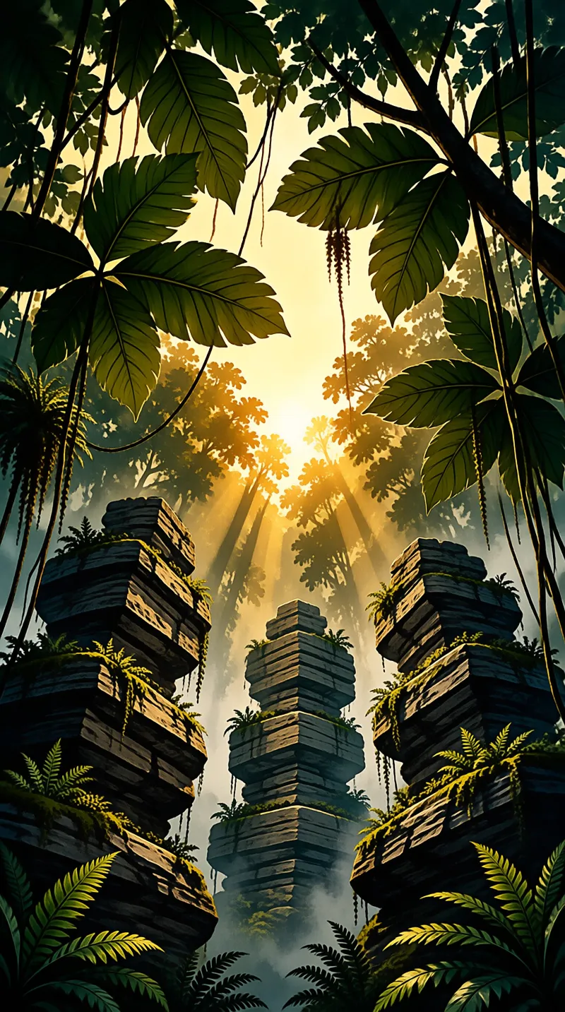 Ancient mossy stone towers stand in a lush tropical jungle while golden sunlight filters through heavy overhead leaves.
