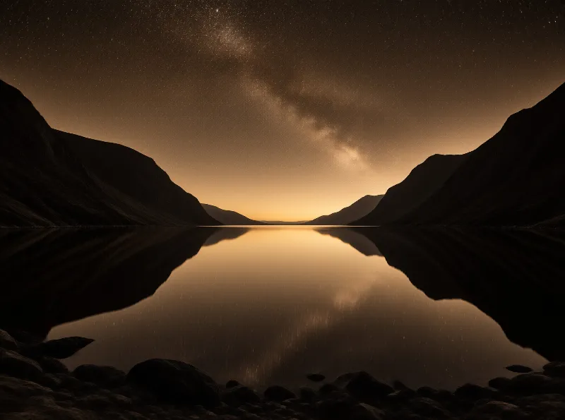 Dark mountains frame a calm lake that mirrors the warm orange horizon and scattered stars above.