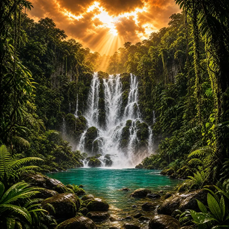 Sunlit Tropical Waterfall