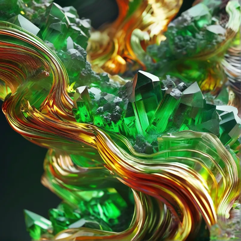 Vibrant green crystal clusters emerge from flowing glossy amber and gold fluid shapes set against a deep black void.