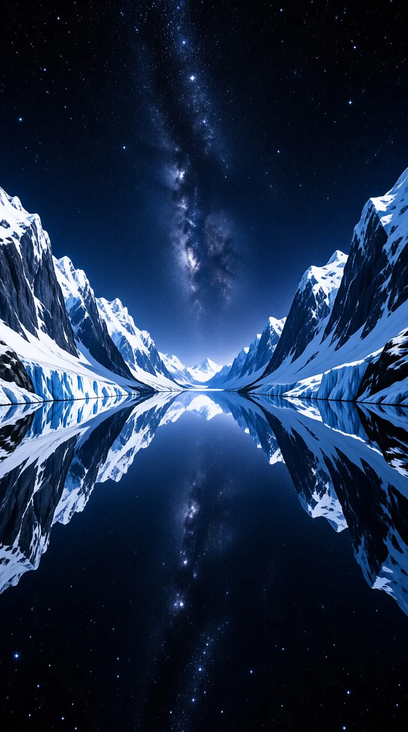Snow capped peaks reflect the Milky Way and stars across a perfectly still lake under a dark blue night sky.