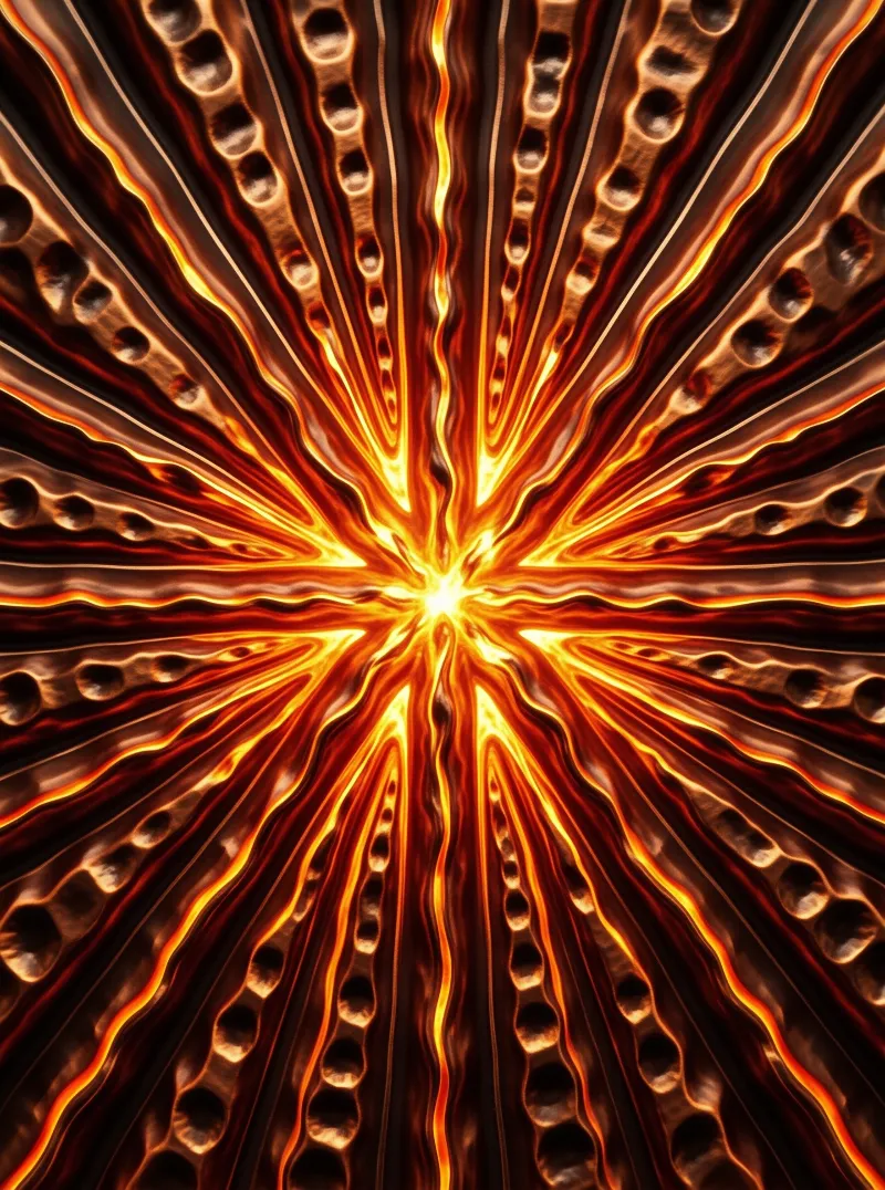 A radiant abstract burst features glowing orange lines and dark circular textures.