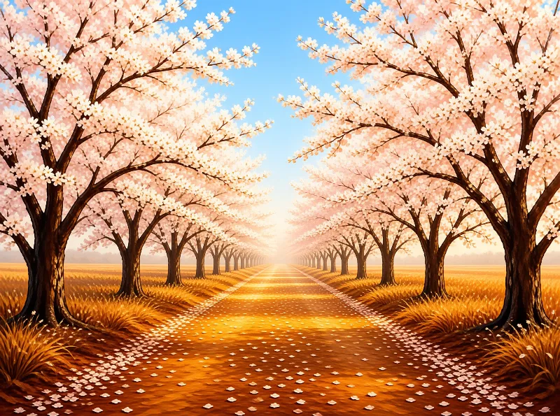 Rows of pink cherry trees flank a dirt path leading into a glowing sunrise over golden grass fields.