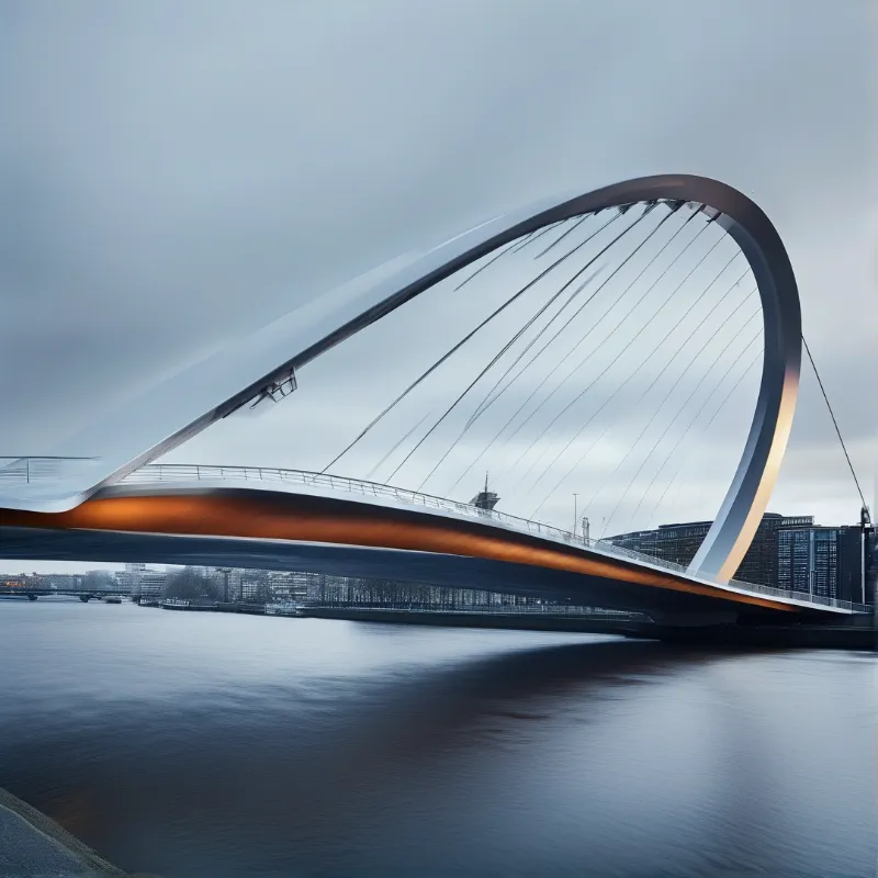 A modern bridge with a large curved arch spans a calm river featuring an orange light strip below.