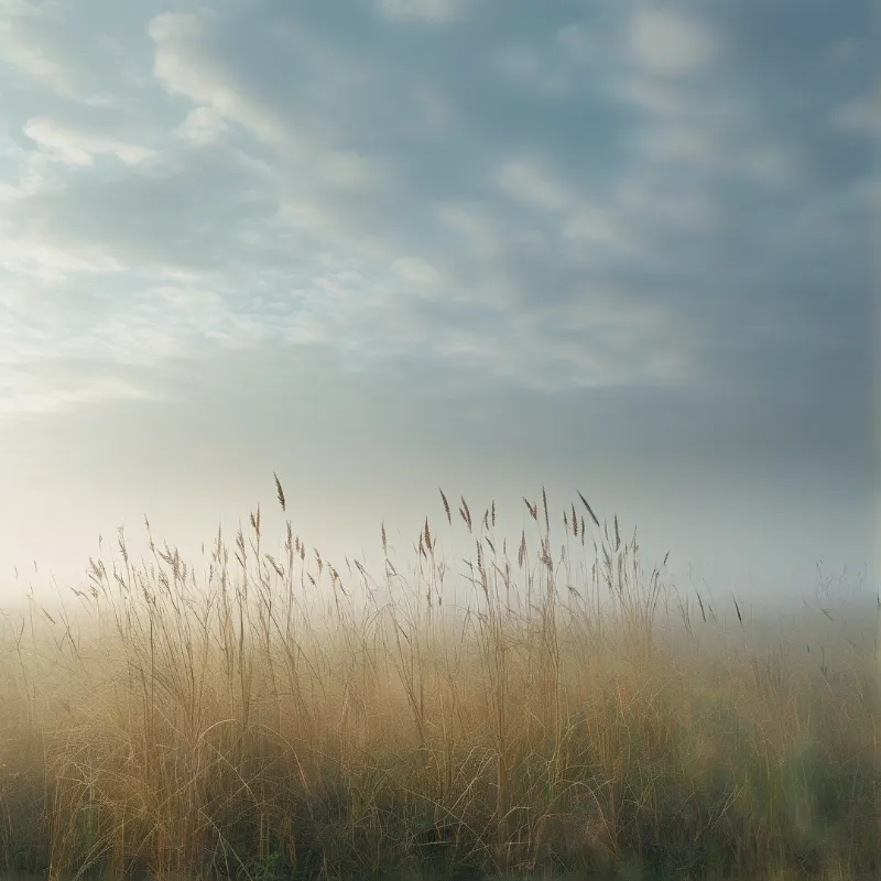 Thin brown grass blades stand out against a backdrop of heavy mist and pale blue clouds.