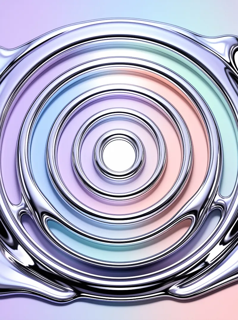 Shiny liquid metal concentric rings display pastel lavender blue and peach colors on a smooth gradient surface.