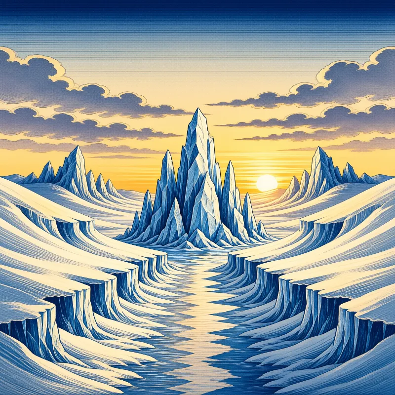 Layered blue cliffs lead to a central peak as the sun sets on the horizon casting orange light across the stylized sky.