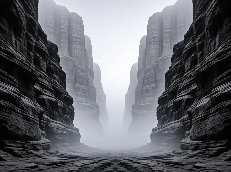 A monochromatic landscape showing steep striated canyon walls framing a misty path that vanishes into the distance