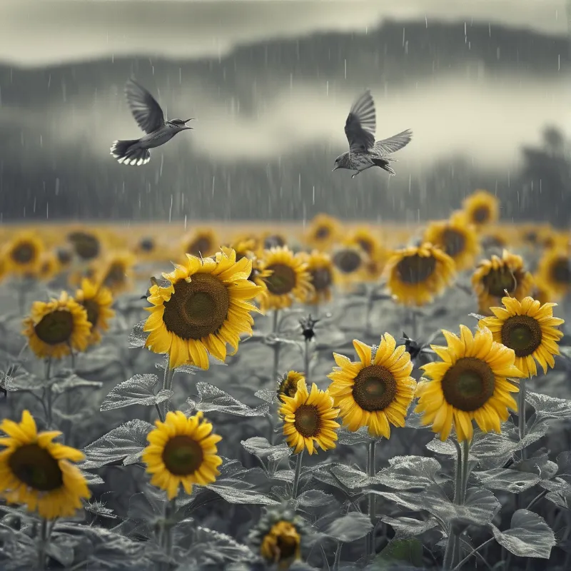 Vibrant yellow sunflowers contrast with a grayscale landscape featuring falling rain and flying birds.