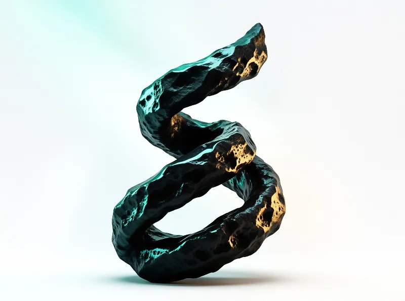 A twisted stone-like ribbon with golden patches and cyan highlights sits on a clean white surface.