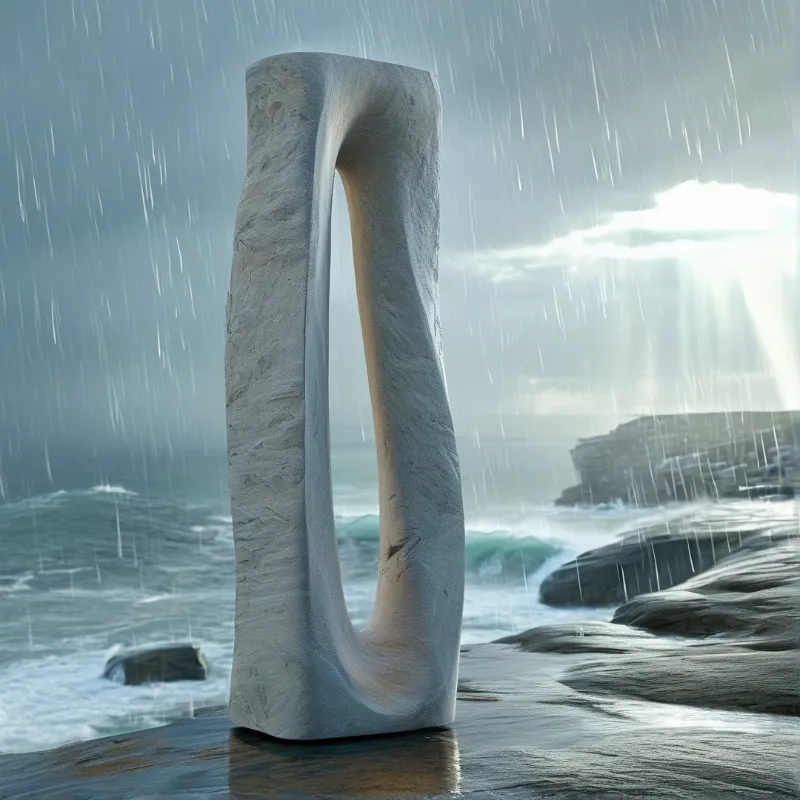 A grey concrete arch stands on wet rocks while heavy rain falls and sunbeams cut through the clouds.