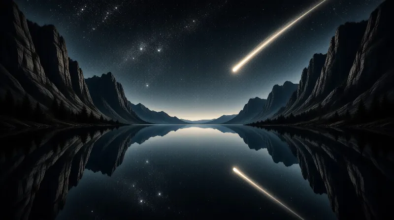 A luminous meteor cuts through a star-filled sky above a still lake mirroring the jagged mountain peaks.