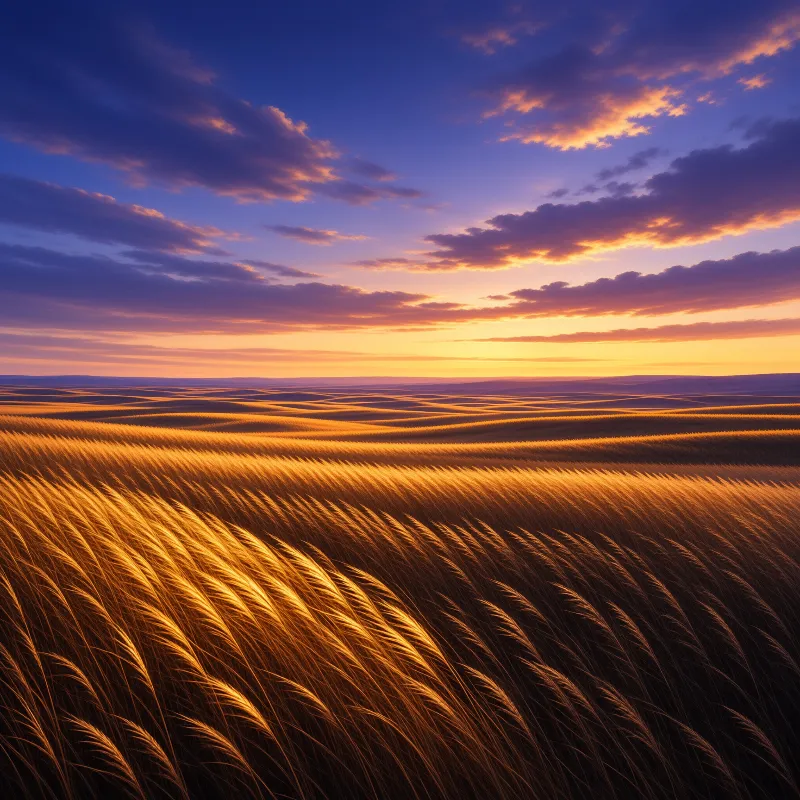 A vast field of golden wheat stalks bends towards the horizon while clouds catch the last light of day.