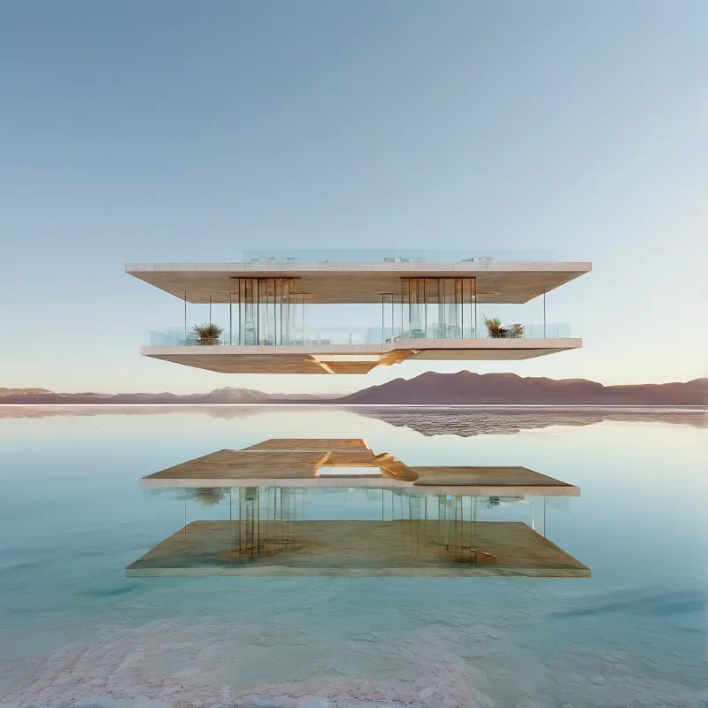 A modern floating structure hovers above a reflective salt flat with distant mountains.