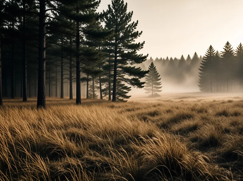 Tall dry grass covers the ground while dark pine trees stand emerging from a thick layer of white fog in the background.
