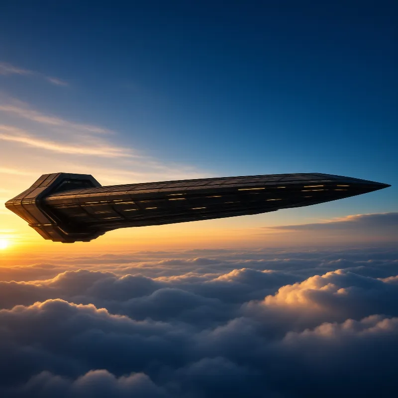 A long dark vehicle moves swiftly above a thick blanket of white clouds while the sun casts warm light on the horizon.
